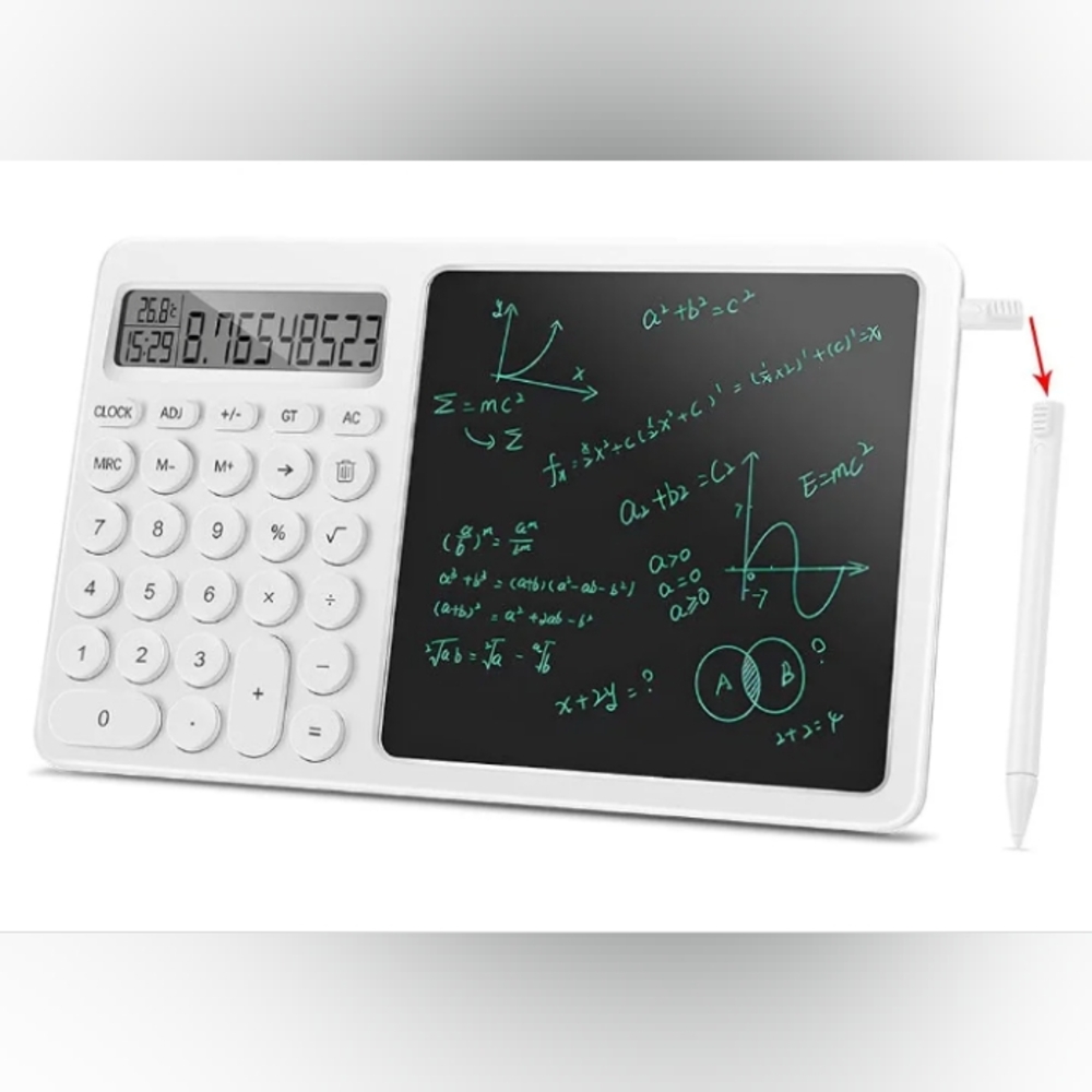 Calculator Notepad w/ LCD Writing Tablet,Desk Calculator with Writing Pen &clock